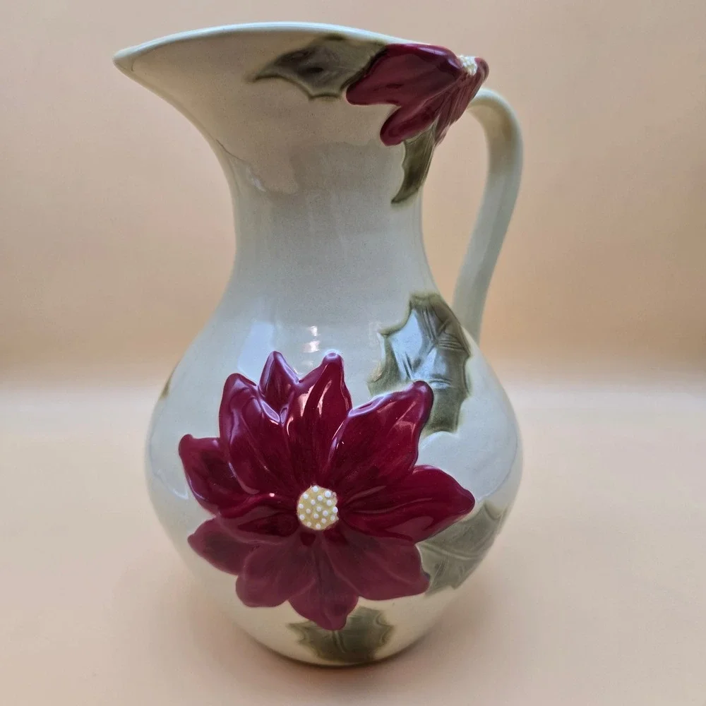 Christmas Poinsettia Ceramic Pitcher Red Green‎ Holiday Floral Serving Vase 8.5